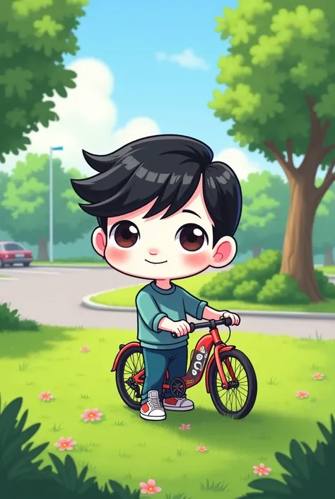 Cartoon an adult with white skin and black hair split on a lawn with a bicycle with a parking lot behind it 