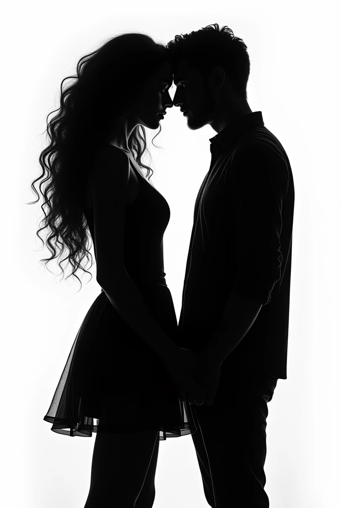 White background with the silhouette of a woman with long curly hair, with a man at the side, They hate each other but they love each other,  silhouettes that give off dark romance , The two black  