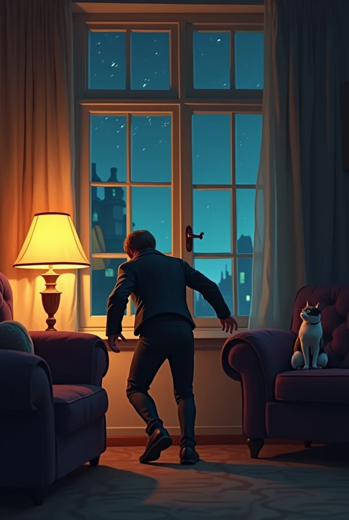  The thief enters through the window and falls to the floor ,  while the cat watches it from the couch . The living room is cozy ,  with furniture in warm tones and a burning lamp .  The thief is in a slightly crouched position ,  with his eyes wide open l...