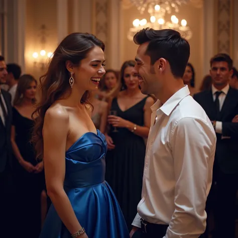  a young woman dressed as a blue party ,  in front of her a young man in the white shirt, Shes laughing at him , He is crying, In the background of a gala party ,  guests observe the scene with contempt 