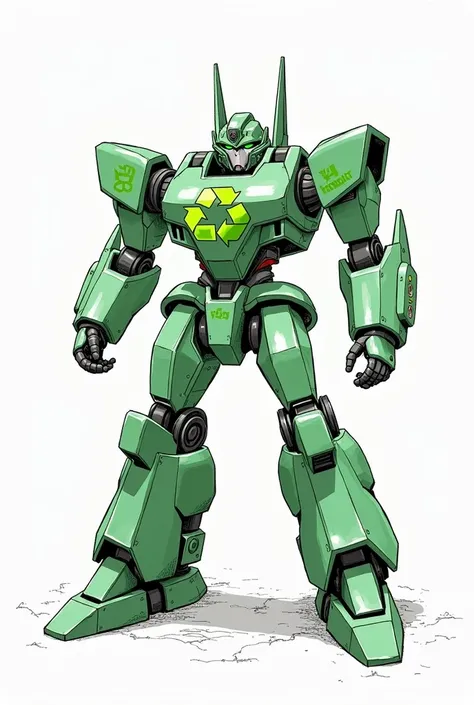  Transformer green with things to recycle instead of weapons,  with a green recycling logo on the chest and that is all drawn on a black and white sheet, like a simple drawing 