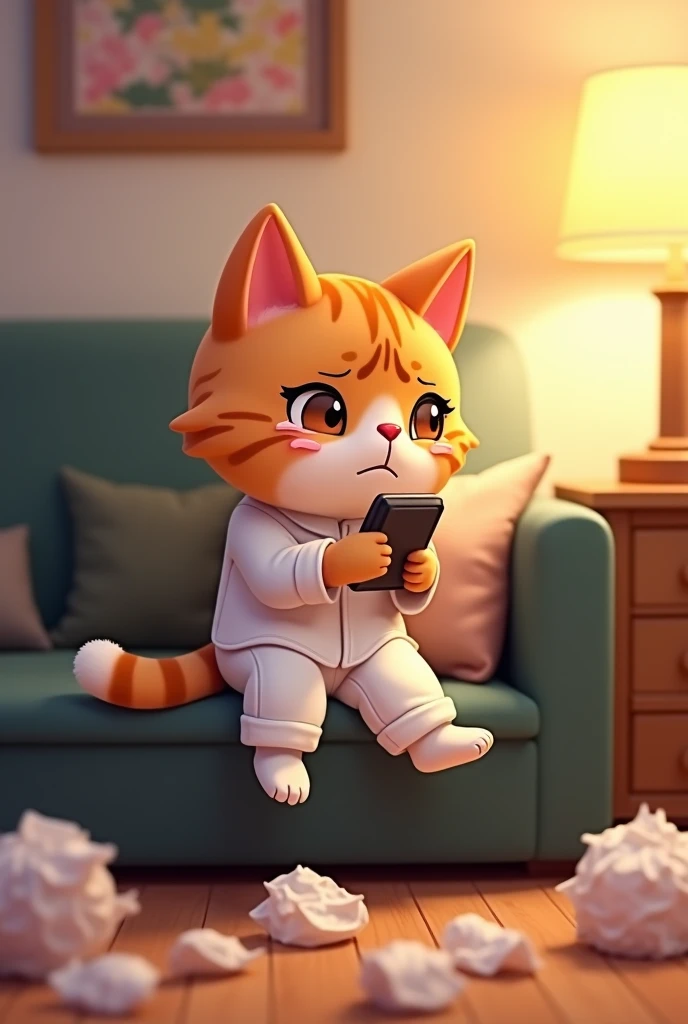 Here is an image prompt for the provided image:
Prompt:
> A cute cartoon cat sitting on a couch, crying while holding a smartphone and a hair dryer. The cat is wearing white pajamas and white socks. The floor is covered with crumpled tissue paper.
> 
Addit...