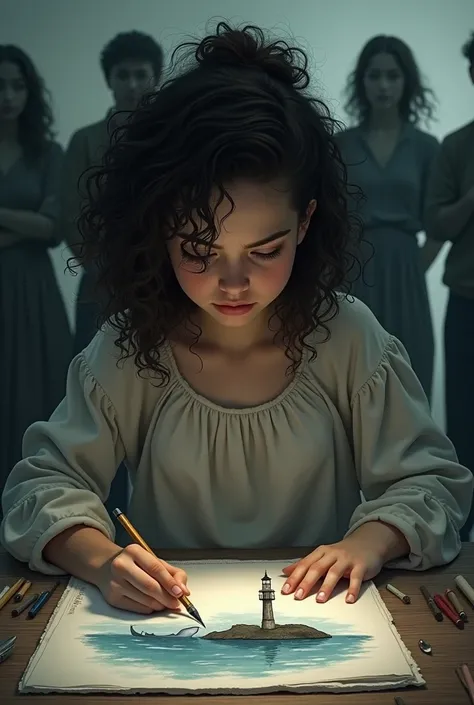 sad girl, with curly hair. She draws ,  while behind there are human shadows.  The girl draws a lighthouse in the sea ,  with a whale ,  with half a body out of the water . 