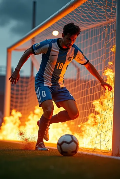   image of a goal ,soccer team, Uruguayan player Milton Gimenez with Boca Juniors , t-shirt and pants No. 10 ,   when the ball comes in the arc the net catches fire