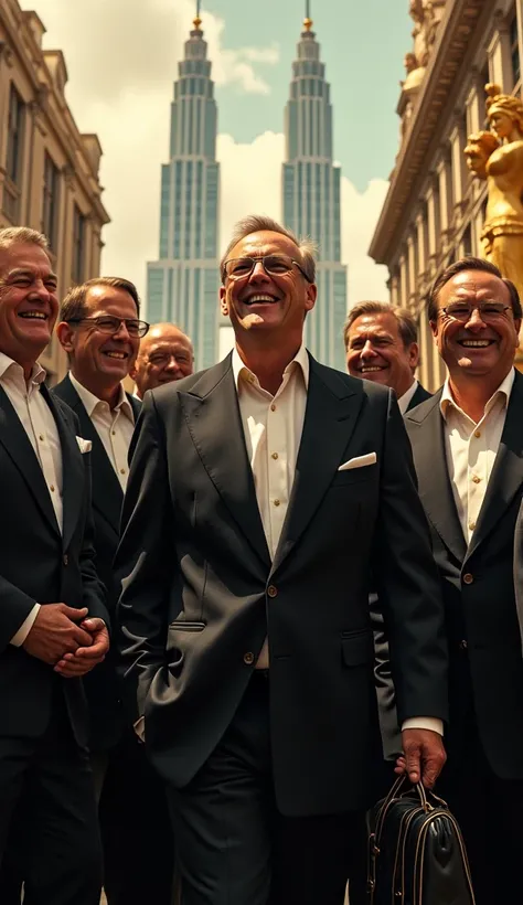 Prompt: A cinematic portrayal of a group of arrogant, wealthy individuals in fine clothing, laughing dismissively. The background features opulent buildings and symbols of wealth, emphasizing their hubris.