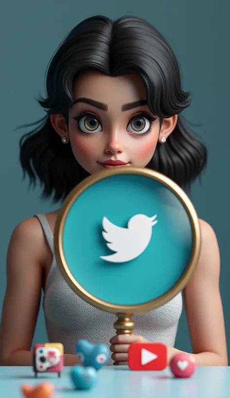 3d art style of a woman holding a giant magnifying glass over social media icons, dramatic pose