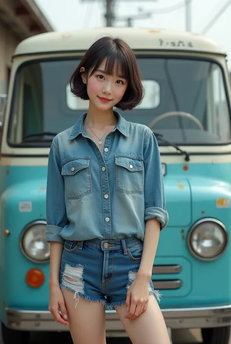  shows a beautiful Japanese girl in super realistic live action 。 and a light truck with a retro design is parked in the background、 makes me feel a good old Showa vibe 。 clothes are based on tight yellow shirts, 、 has a vintage feel that feels the flow of...