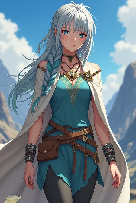 Adult anime girl. hair: long,  Up to the middle of the back ,  of a silver color with tufts in a light blue tone .  It is worn slightly disheveled but tied up with a side braid that falls over the left shoulder.
fur: clear request,  with a warm shade that ...