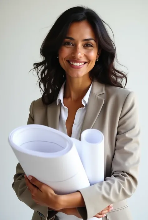 A confident 42-year-old Brazilian woman architect with warm brown skin, wavy dark hair falling just past her shoulders, wearing a tailored blazer over a blouse. She holds architectural blueprints and smiles gently. The background is a clean, plain white.