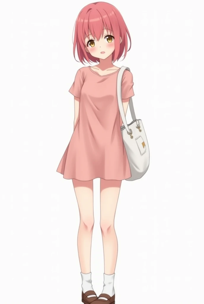 Generate a full body image of a cute, shy and timid young woman, about 19-20 years old, she has amber eyes, brick pink short hair that ends at her shoulders. she has on a soft core girl dress aesthetic outfit. Her hands are behind her. she also has a white...