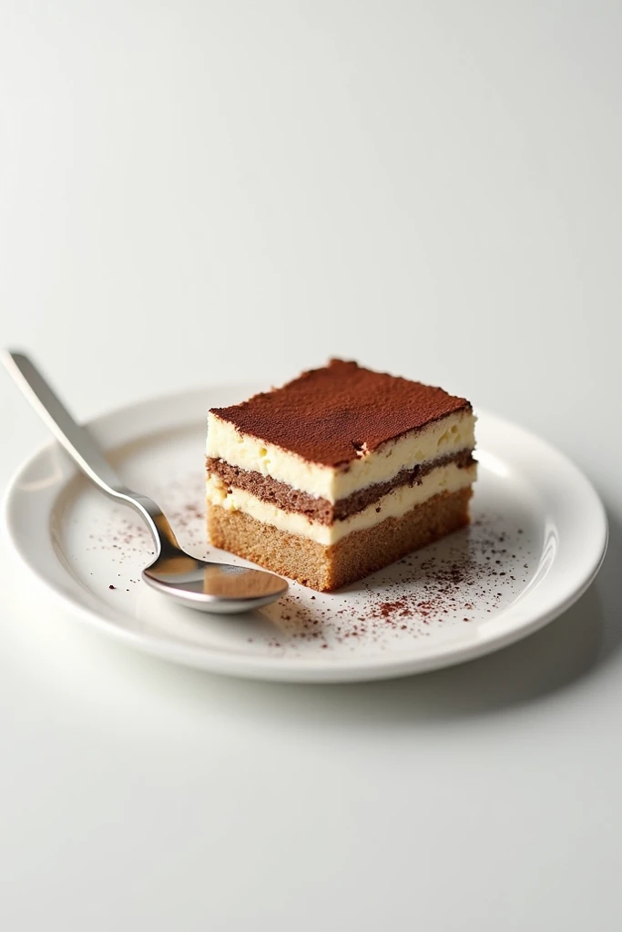 One slice of tiramisu cake on a white plate with a spoon. Without any background.