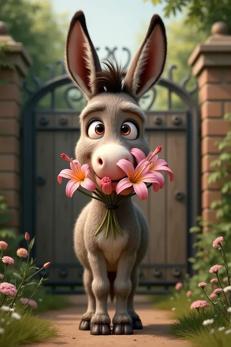  A donkey with a bouquet of pink lilies on its snout, standing in front of an old gate . realistic mode 