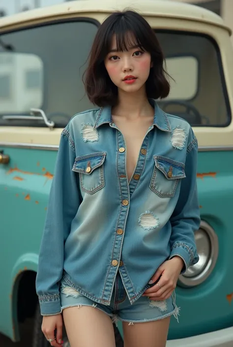  shows a super realistic live action Japanese beauty。 and a light truck with a retro design is parked in the background、 makes me feel a good old Showa vibe 。 clothes are based on tight yellow shirts, 、 has a vintage feel that feels the flow of time 。The b...