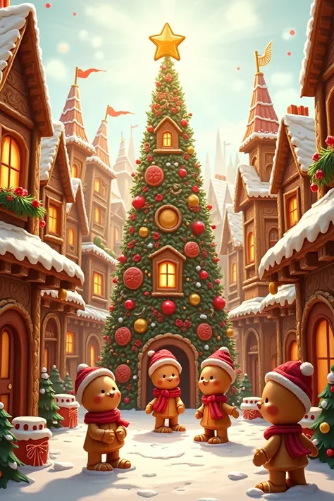  Create a drawing for a colouring book showing a city made of ginger and gingerbread dolls, with a gingerbread Christmas tree in the middle of the square 