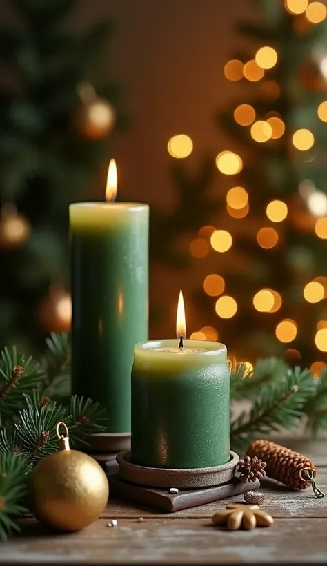 The photo shows a cozy, Christmassy scene. There are two tall, thick green candles burning in different ceramic containers, one with a smooth texture and the other with a rustic texture. Next to them, there is a golden spherical object, a Christmas bauble....