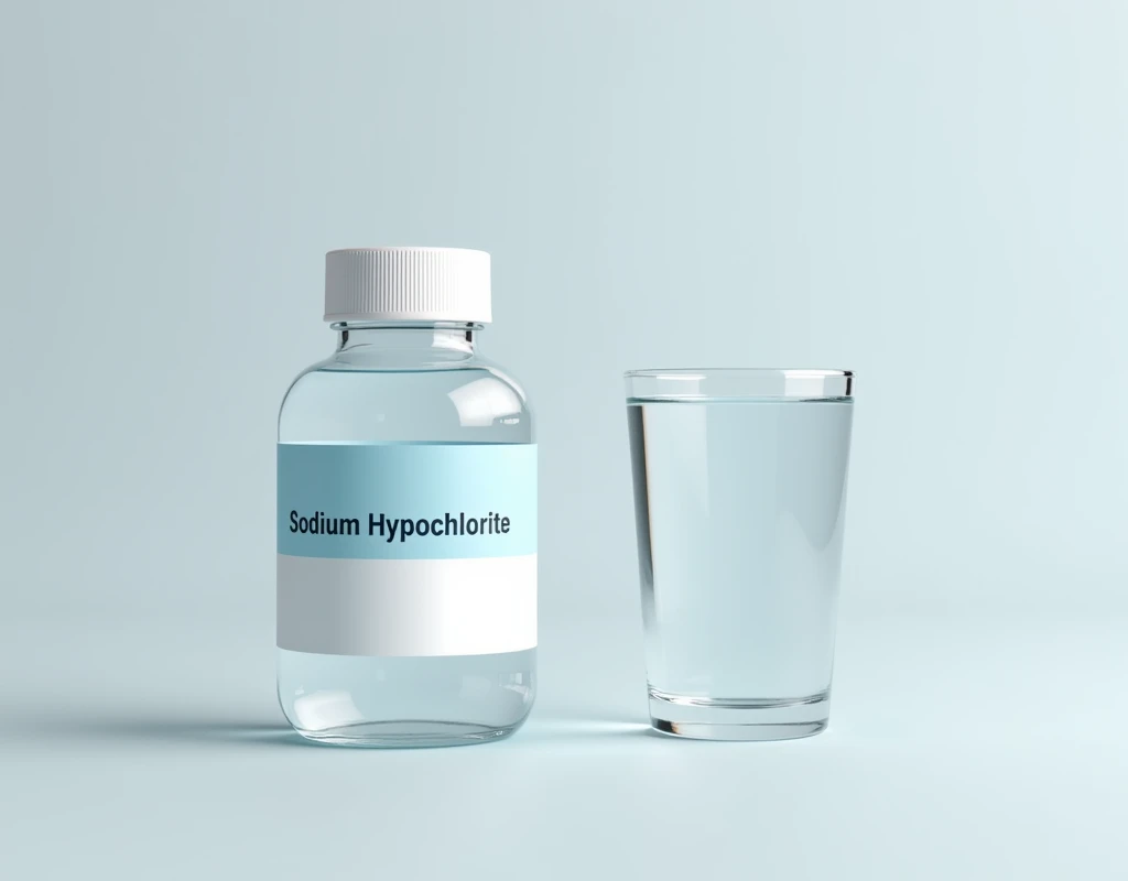 A small arm bottle written on the front  :  Sodium hypochlorite and a glass of clean water on the side