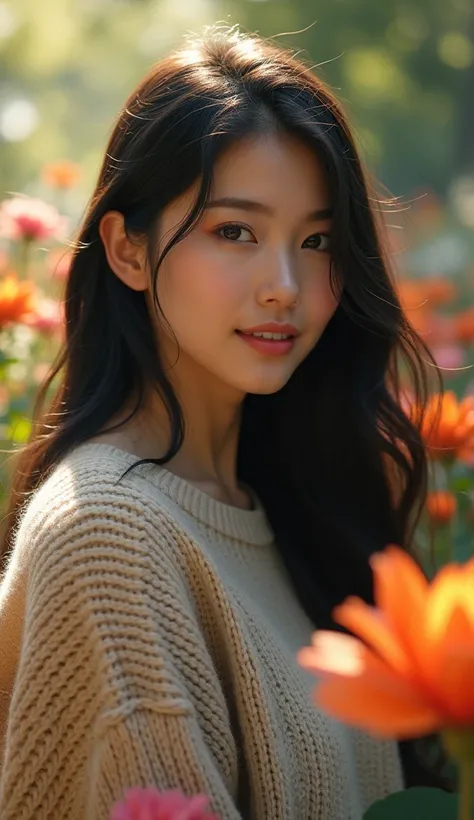 score_9,score_8_up,score_7_up,
masterpiece, 20 years old, 8k, hd, beautiful girl, black hair, very long hair, straight hair, light smile,
1girl, detailed face, beautiful womans face, sweater, garden, full of flowers, looking at viewer, upper body, half bod...