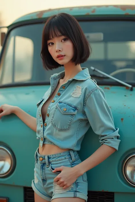  shows a super realistic live action Japanese beauty。 and a light truck with a retro design is parked in the background、 makes me feel a good old Showa vibe 。 clothes are based on tight yellow shirts, 、 has a vintage feel that feels the flow of time 。The b...