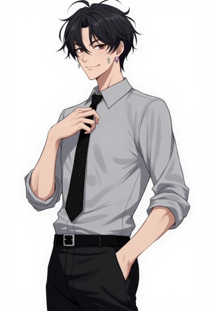 A anime man stands confidently with a slightly relaxed posture. He is wearing a light gray dress shirt with the sleeves rolled up, a black tie with small polka dots, black dress pants, and a black belt. His left hand is raised toward his tie, casually adju...