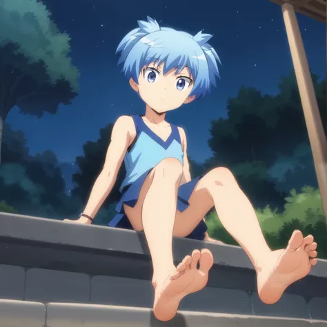 Score_9, score_8_up, source_anime, 1boy, Nagisa Shiota, big eyes, alone, looking at viewer, in the garden, night, sitting, cowboy shot, ANIME SCREENCAP, anime coloring, barefoot, perfect feet, anatomically correct, soles, low angle, focal length 35mm, each...