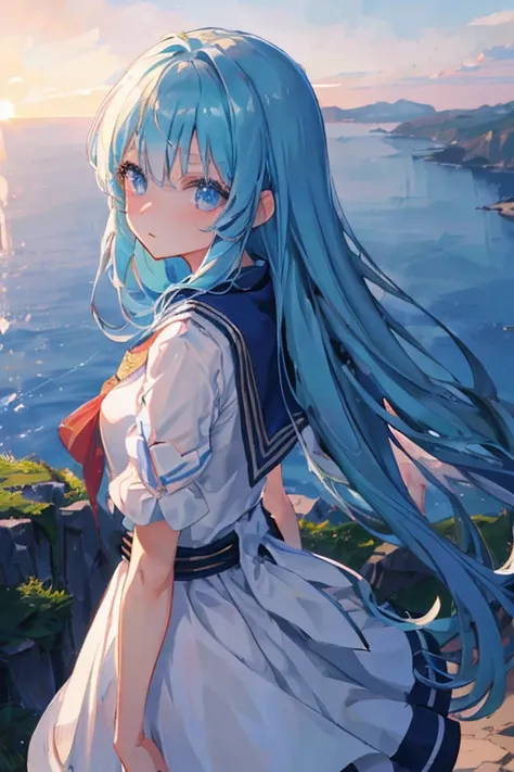 (Outstanding，Clear， top quality)，幻想风格的，Fairytale style，1 Girl，Anime Girl，（ blond hair ：1.3，Long hair， blue eyes ， shiny eyes in fantasy style，Sailor Suit），sideways，Looking back，Standing on the edge of a cliff，（dawn）， bright light 