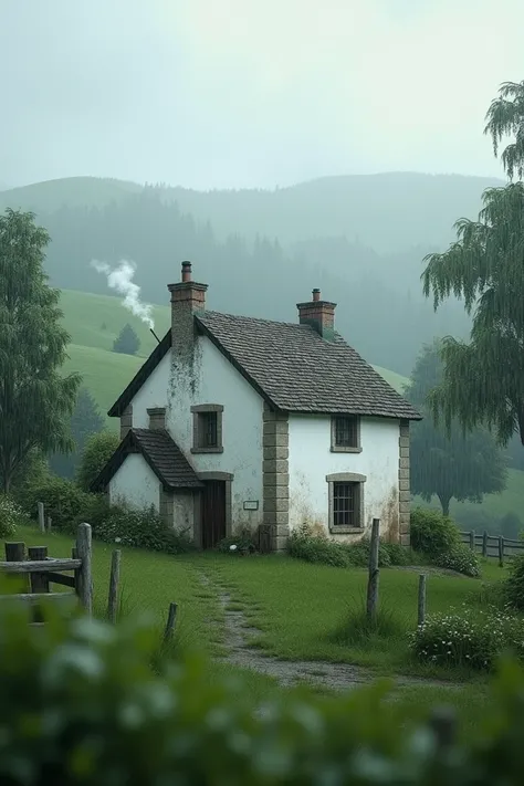  A classic small farmhouse . of white limestone .in the morning  . heavy rainy weather . The chimney of the house gives off smoke.beautiful scenery