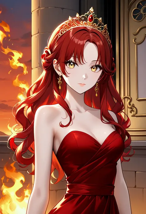 masterpiece, best quality, highres, absurdres, 8k wall paper, official art, expressive eyes, 19 years old, youthful, scarlet hair, long hair, flowy hair, curly bangs, tiara, gold eyes, looking at viewer, strapless red dress, gold jewellery, bare shoulders,...