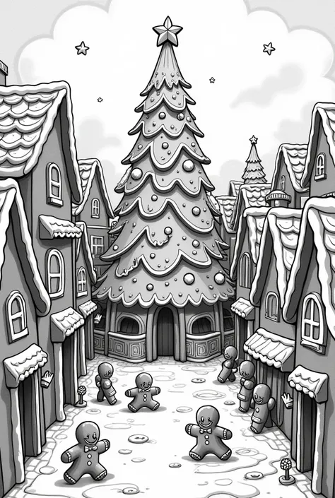 Create a coloring page showing a city made of ginger and gingerbread dolls, with a gingerbread Christmas tree in the middle of the square 