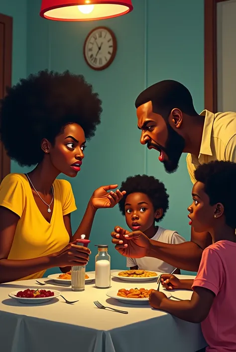 A black woman in a yellow dress, with her  daughter, and her black husband, sitting at the table, let the dad be angry shouting at the mom, and let her look fearful, passinf him the salt