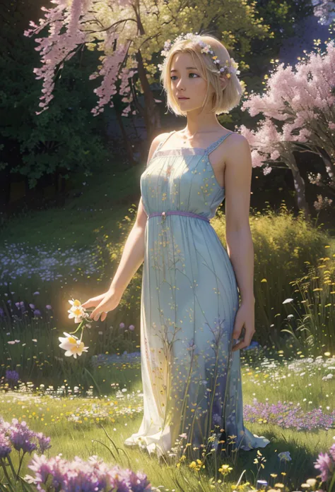 a beautiful girl with short blonde hair in a field of flowers, elegant mandala and fractal patterns in the background, soft beds...