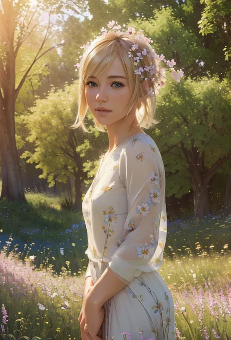 a beautiful girl with short blonde hair in a field of flowers, elegant mandala and fractal patterns in the background, soft beds...