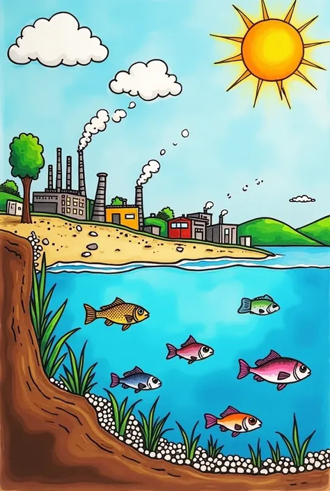  Drawing on an ecosystem with sky , land,  water and sediment .  In the upper part you can see the sources of pollution : Industries,  industrial activities , houses of people , ren playing,  domestic discharges , Tourism image  (playa),  Tourism Activitie...