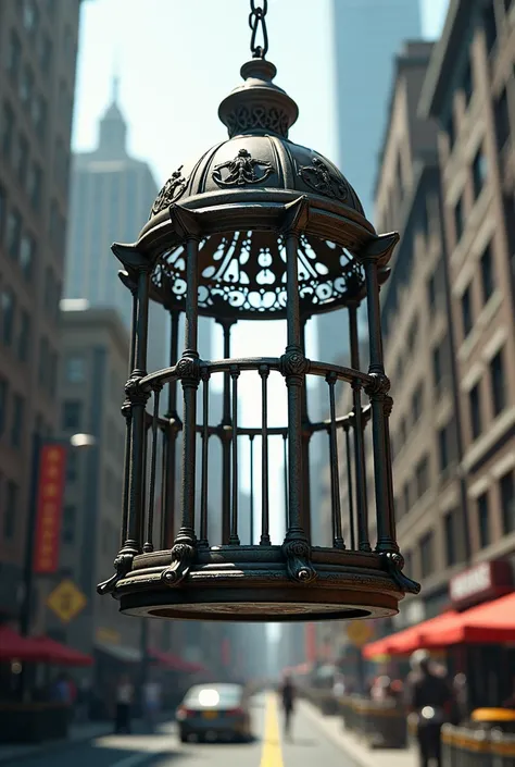 Outdoor in the shape of an iron cage hanging in a city