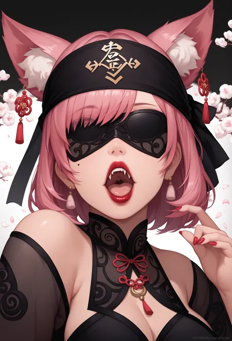 mixed_artwork style, (detailed eyes), (Mature woman), beautiful woman, medium breasts, pink hair, Side bangs, (black white oriental dress), Black blindfold bandana, red lipstick, mole under eye, huge body, (open mouth), pretty nails, cute fangs, kitsune