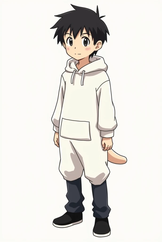 a  boy,  of average height for your age , Black hair, without glasses, shrugging your shoulders a little ,  that you have a white kangaroo dress ,  a black pants and black shoes ,  that is drawn as a simple drawing ,  and that is in the art style of Fundam...