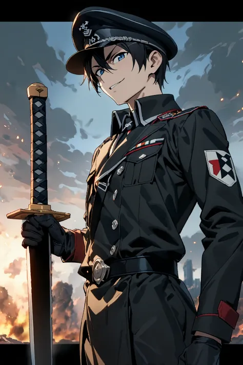 masterpiece, 最 High Quality , 8k, ((1 male, Alone, male focus, confident,)), Japans Simple Glass-Walled Office , 最 High Quality , Kirito,  Japanese Delicate and Classy Anime Style Cool Guy,  Sword Art Online, Black military uniform like Nazi Germany 、 Blac...