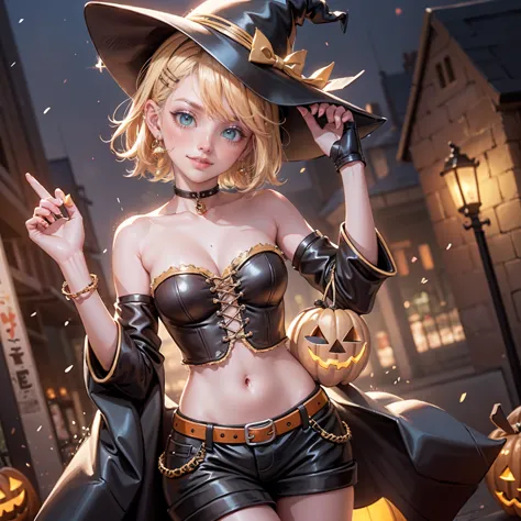 1girl, dress, jewelry, blonde hair, glow hair, flowing hair, ahoge, armpits, witch hat, witch costume, bare shoulders, glow eyes...