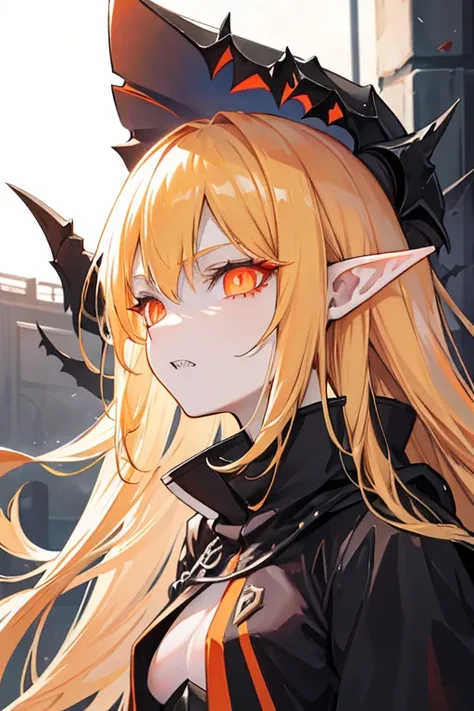 
Long elf ears, porcelain skin, orange glowing eyes, Long blond hair, female, sharp teeth, abyssal, anime, soldier
