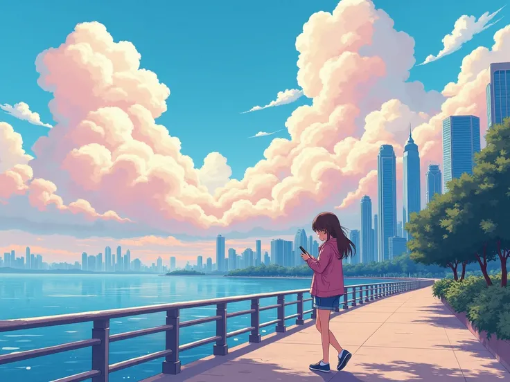 The high school girl was walking along the embankment with her mobile phone in hand, focusing on swiping on it. There are many huge jellyfish-shaped clouds floating in the sky. Soft light and shadow match the bright sky tones, and the gradients of pink, bl...