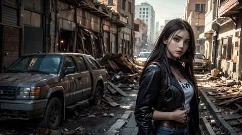 masterpiece, high resolution ,8K,(Portrait Photos:1.5),(R Original Photo),Reality,Digital Photography,(Apocalyptic ruins ),City ruins，beautiful 20 year old woman，sentry， post-apocalyptic scene，Medium distance photography， torn clothes 