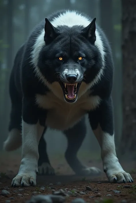 **Prompt:**
"Create a hyper-realistic image of a large, powerful black-and-white dog with a muscular build, exuding an aura of raw strength and ferocity. Its fur is sleek but slightly unkempt, with sharp contrasts between the deep black and pure white patt...