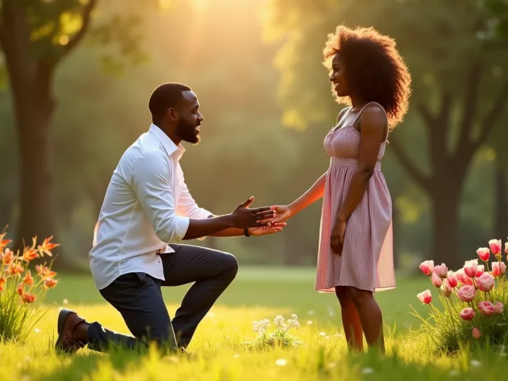 A magical and romantic scene in a sunny park, featuring Kwame on one knee, proposing to Amara. Kwame, dressed in a crisp white shirt and tailored trousers, holds Amara’s hand with love and sincerity. Amara, wearing an elegant striped summer dress, looks em...