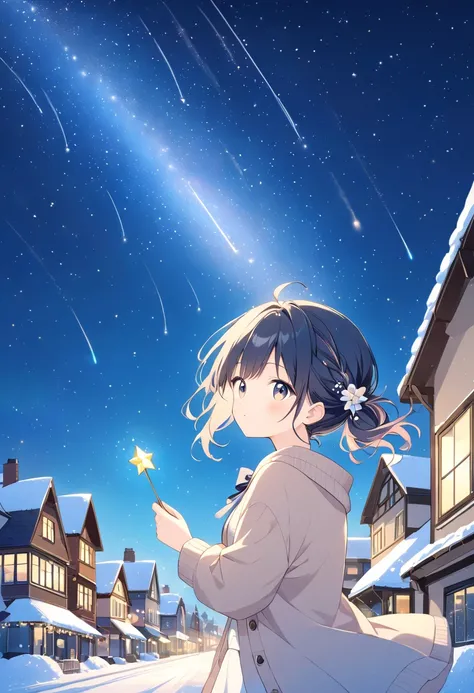 soft colors、   Fine and Soft Paint Style 、 half hairstyle、multicolored hair,sweater、night、Snow City 、   sparkling starry sky  、 shooting stars、 meteor shower、 looking at the sky , Make a wish for a star 