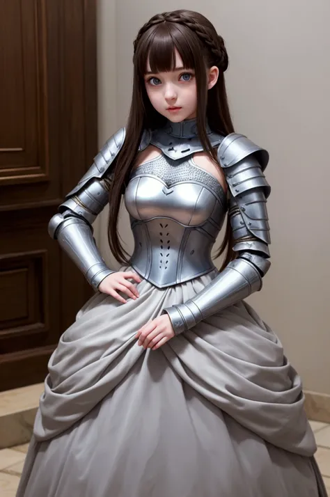 1girl, pale-skinned, 1.3, 1.3-age, wearing dress armored, A detailed fac，juvia，french girl, brunette color hair，White eyeballs, full body.
