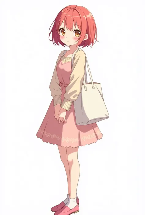 Generate a full body image of a cute, shy and timid young woman, about 19-20 years old, she has amber eyes, brick pink short hair that ends at her shoulders. she has on a soft core girl aesthetic outfit. Her hands are behind her. she also has a white tote ...