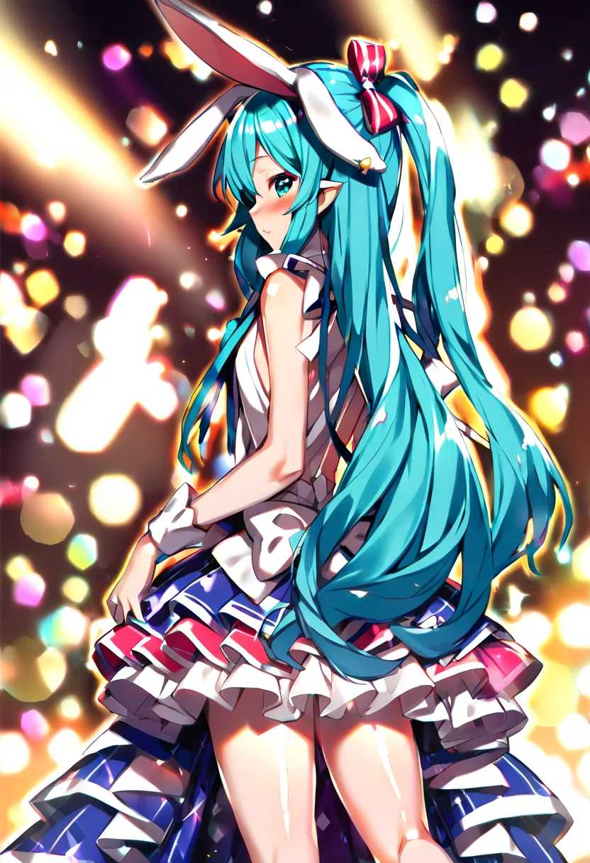 (hatsune miku:1.2), (virgin killer magical idol costumes:1.4), (lop-ears rabbit:1.4), (blush:1.4), (gleaming skin, shiny skin:1....