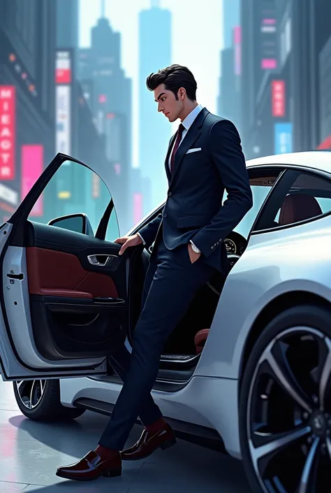 Stylish man opening the passenger door of a car in anime style 