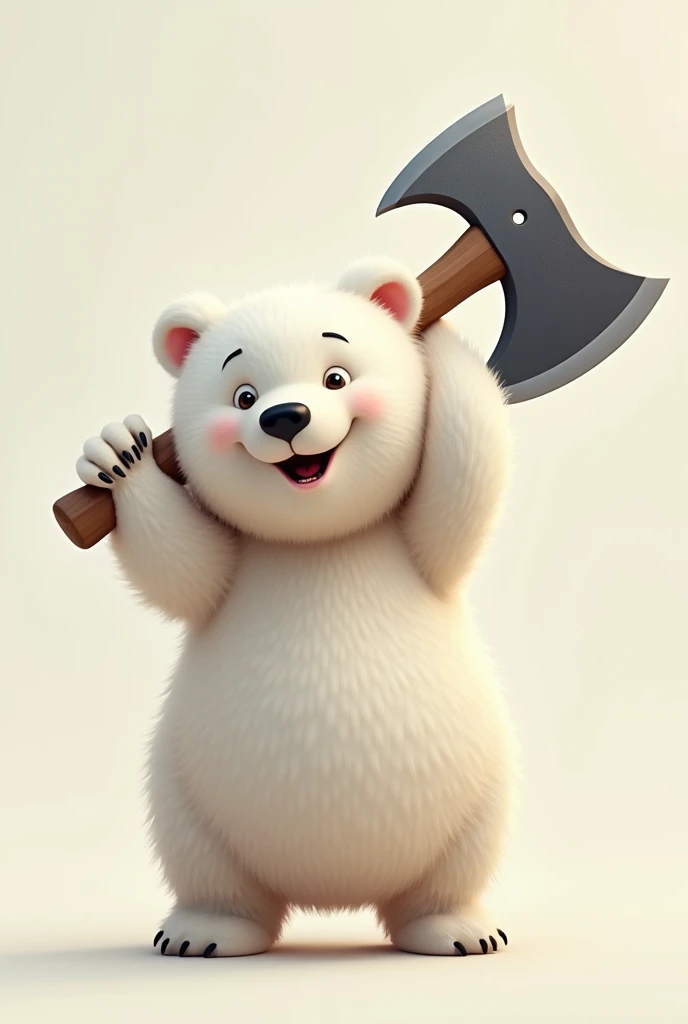 Draw a picture of a soft-looking white bear smiling with only one side of its mouth raised, and ,  holding an axe behind its head that is bigger but sharp and looks great