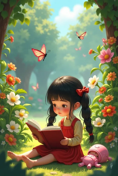  Image of a girl named Gita with long hair in pigtails,  sitting in a beautiful village garden . Around her ,  seen flowers blooming and butterflies flying .  Gita is seen reading a book seriously , namun wajahnya tampak sedikit bingung. Nearby , There is ...