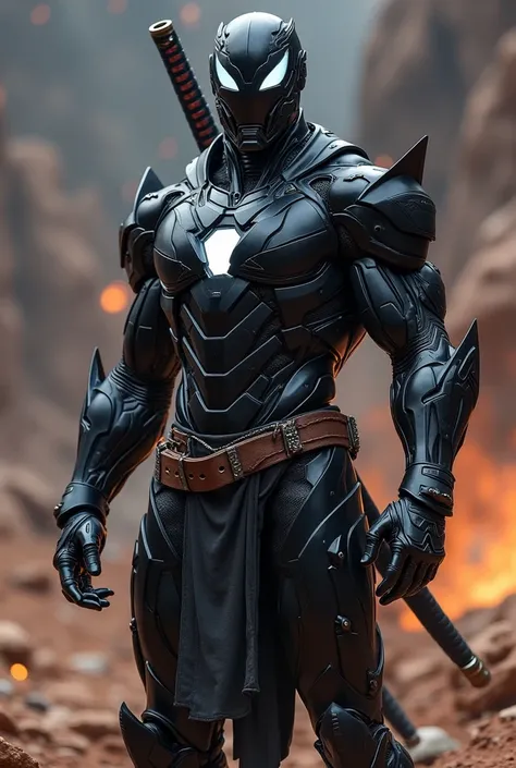 All black metal superhero suits .  Similar to Iron Man with no glowing chest and a ninja-inspired weapon. very muscular.  stand on a burnt earth with the galaxy in the background .  He has a leather weapon belt and a samurai sword on his back . No light on...